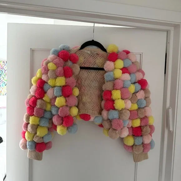 ❌SOLD❌Alice + Olivia Fawn Pompom Cropped Jacket XS/S Multicolor Cardigan Ribbed - Picture 3 of 15